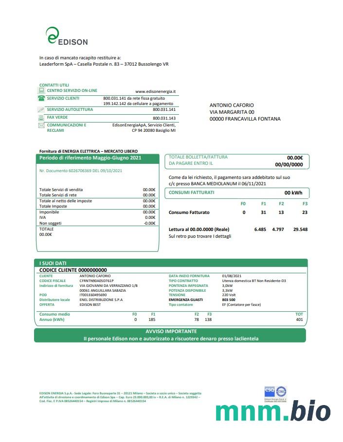 Włochy Edison rachunek za media szablon w formacie Word i PDF, dobre dla adresu udowodnić